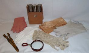 Sel. ladies gloves, faux tortoiseshell glove stretchers & eye glass & cased set 3 dressing table