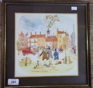 Framed watercolour of Grimsby Bull Ring street scene signed by the artist Colin Carr `83