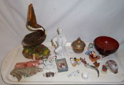 Ceramic pelican, sel. Christmas cake ornaments, 2 miniature dolls etc.