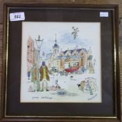 Framed watercolour of Grimsby Corn Exchange street scene signed by the artist Colin Carr `83