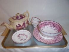 Lustre ware teapot, slop bowl, cake plate & 2 cups with saucers