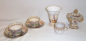 Bloor Derby pot pourri vase, spill vase with milk maid design, 2 Imari patt. cups & saucers & sm.