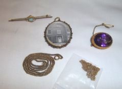 9ct gold double sided open locket, tested as 9ct gold brooch, 9ct gold opal set bar brooch etc.