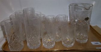 Sel. Brierglass lead crystal hi-ball & tumbler glasses with matching water jug, all with etched