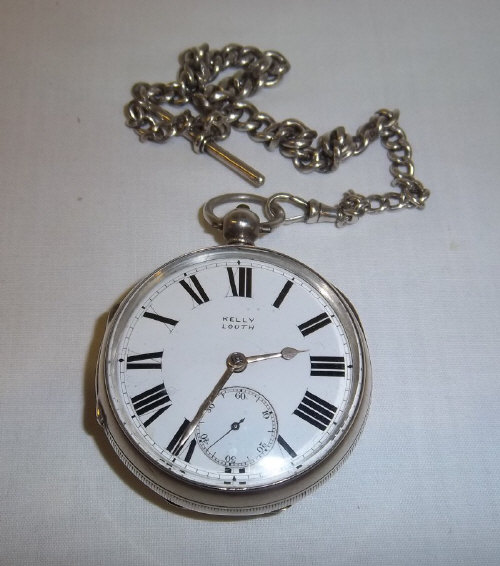 Silver pocket watch Birm. 1893 by Kelly Louth on silver Albert chain