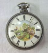 Silver pair cased pocket watch by Mussons of Louth with rural ploughing scene "Speed The Plough"