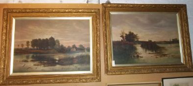 Pr Vict. lg. gilt framed oils on board depicting lake scenes size 88cm x 61cm