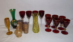 Set of 6 ruby glasses with gilt dec. 2 amethyst tumblers with gilt overlay dec. green Venetian