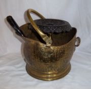 Brass coal bucket, shovel, cast iron & brass trivet etc.