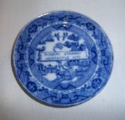 Blue & white advertising plate `Richard Stanway Newcastle 1879` (Manufacturer of Army Uniforms) dia.