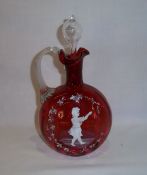 Mary Gregory style cranberry glass decanter with hand-painted enamel dec. & clear ribbed glass