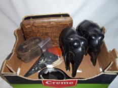 Pr ebony elephants, cased set S.P fish knives & forks, pr papier mache wall pockets, ebony mirror,