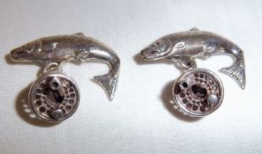 Pr silver cufflinks with fish & fishing reel (stamped 925)