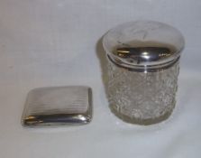 Cut glass dressing table pot with silver lid Lon. 1920 & silver cigarette case Birm. 1916