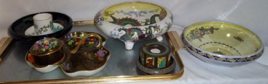 Plant Tuscan China lidded pot & leaf dish, 2 pieces of Gouda pottery, Minton lustre bowl & Bursely