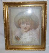 Framed silk handkerchief depicting young girl