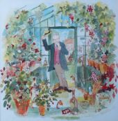 Framed watercolour depicting gentleman in his greenhouse signed by the artis Colin Carr 86 size