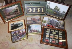 Sel. framed prints & photographs depicting steam locomotives & framed railway tickets inc. local