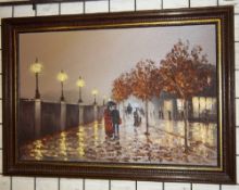 Framed oil on canvas depicting an evening scene on the embankment signed by the artist Barry