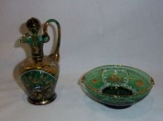 Venetian glass scent bottle & pin dish with hand-painted enamel dec.