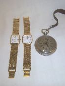 White metal pocket watch with engine turned face & 2 Rotary Quartz gold plated wristwatches