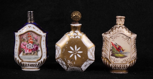 Three 19th Century porcelain scent bottles with floral, gilt and bird decoration