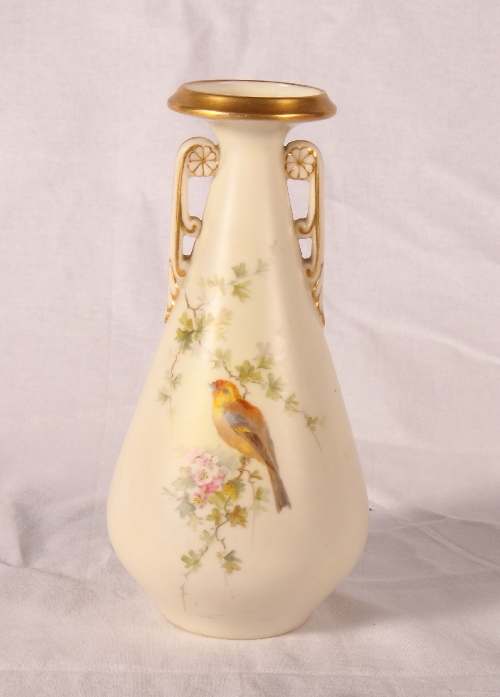 A Grainger`s Worcester porcelain two-handled vase with bird decoration, 7 1/2" high