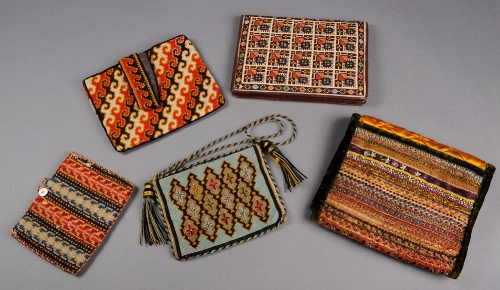 A Victorian sachet worked in stripes of a variety of stitches and embellishment, a 1930s pochette