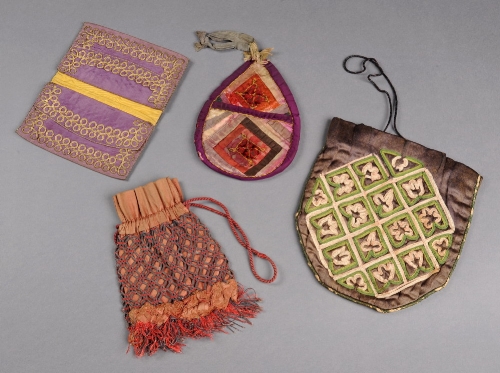 A 19th Century bag with ribbon work design, a Victorian mauve silk bag worked with looped gold