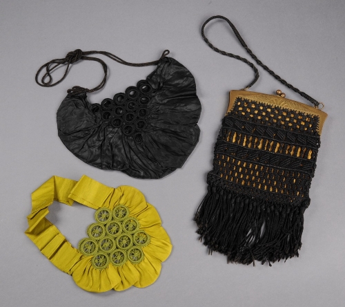 Two 19th Century bags made from buttonhole stitched rings and a black macramé bag with Art Deco