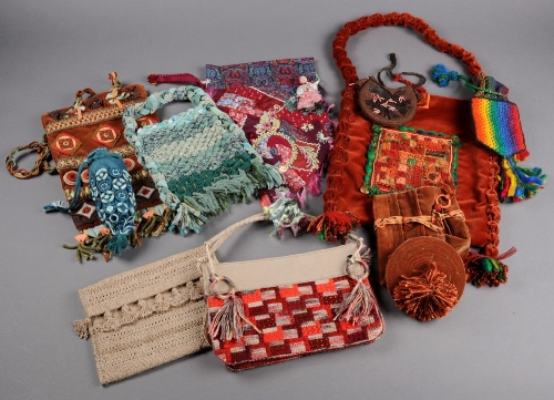 Twelve embroidered bags worked by Mrs Johnstone