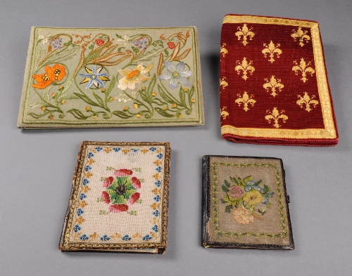 A circa 1910 blotter book with embroidered flower design similar to a design by Mary Morris, a