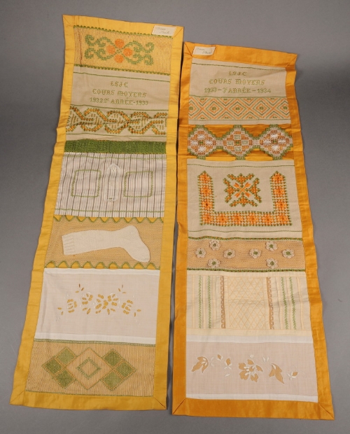 Two French plain sewing samples mounted on yellow sateen made by Simone Boodts in 1932-34