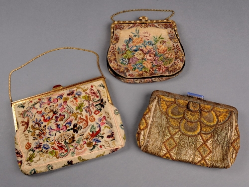 An Art Deco silk and gold work embroidered evening bag by Finnigans of Bond Street, a petit point