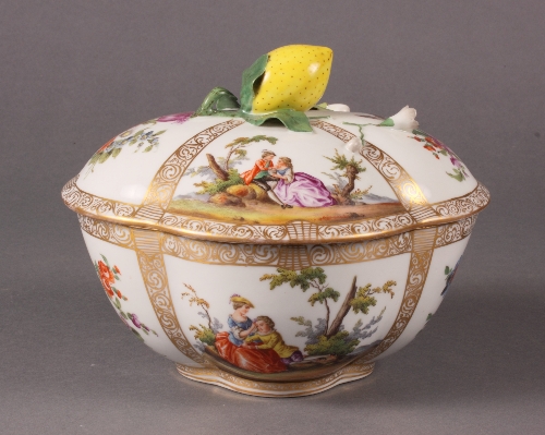 A late 19th Century Dresden quatrefoil bowl and cover with lemon finial, 8 1/2" wide