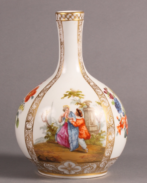 A Helena Wolfson Dresden porcelain bottle vase with figure and floral decoration on a white gilt