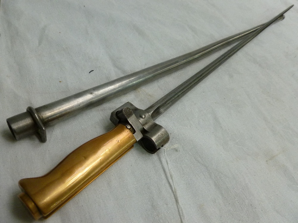 An 1896 French Lebel Cruci-form blade bayonet with scabbard, brass-alloy handle, blade length 52cms.