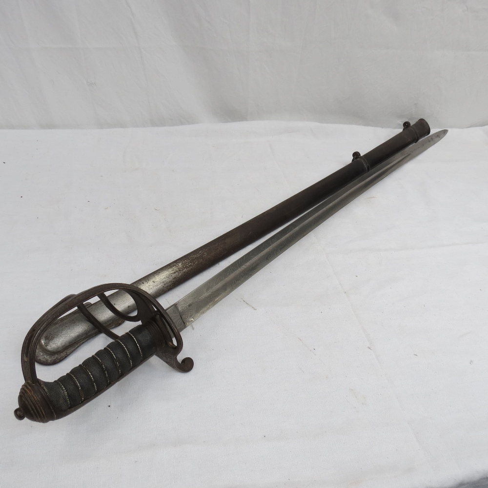 A British 19thC Yeomanry Cavalry sabre with VR sipher on blade, also farm tools, complete with