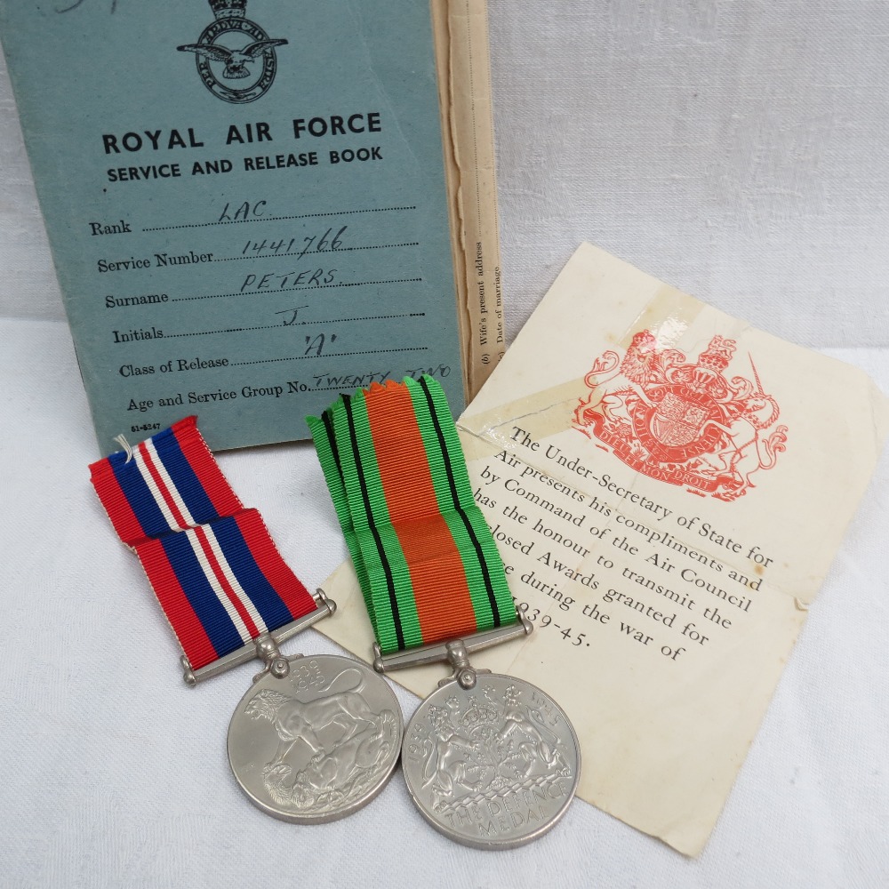 WWII medals awarded to 1441766 LAC J.Peters:War Medal and Defence Medal; also RAF Service and