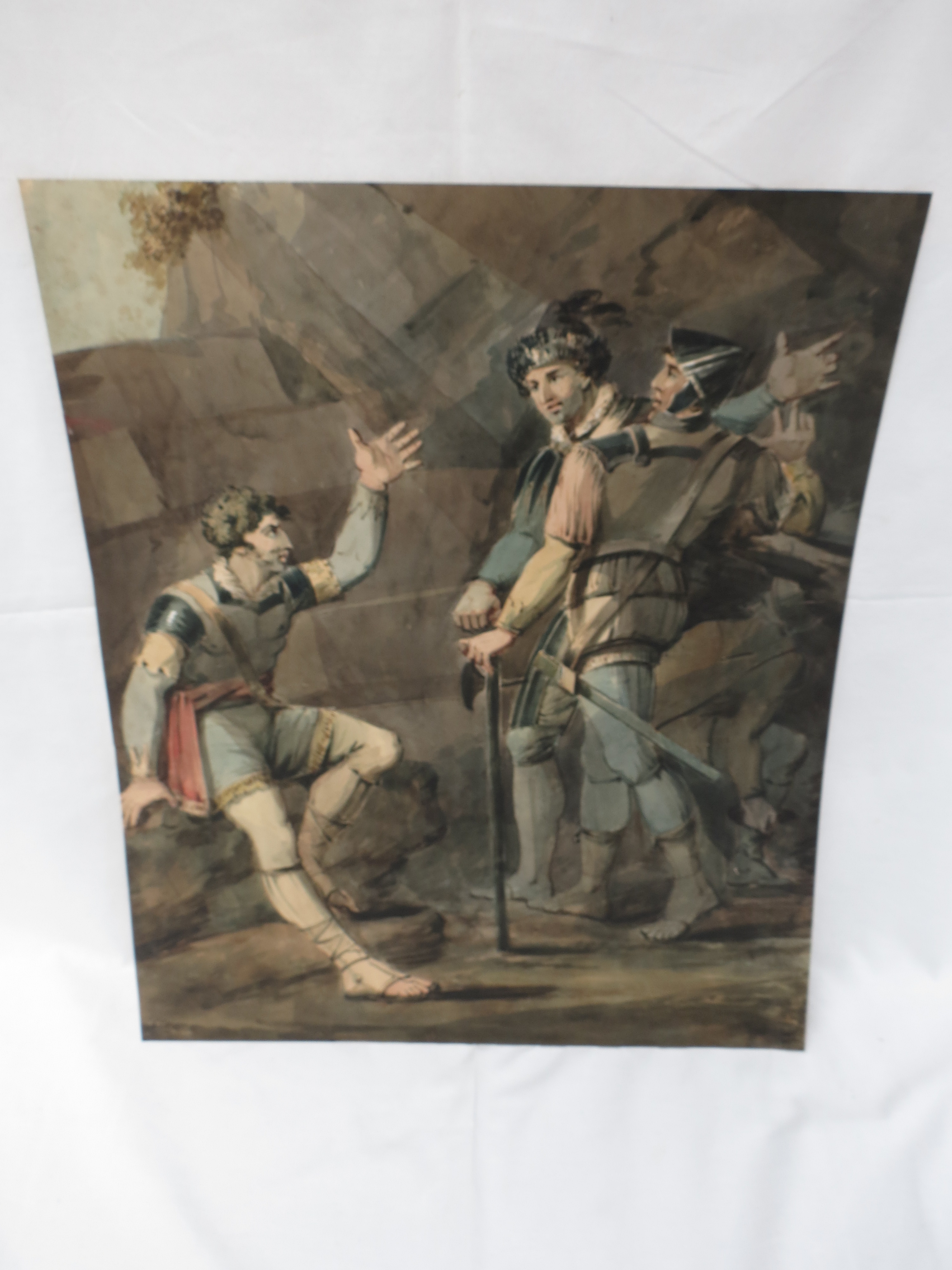 English School. A classical scene with soldier figures, c1860, watercolour, unframed 49x41.5cm.