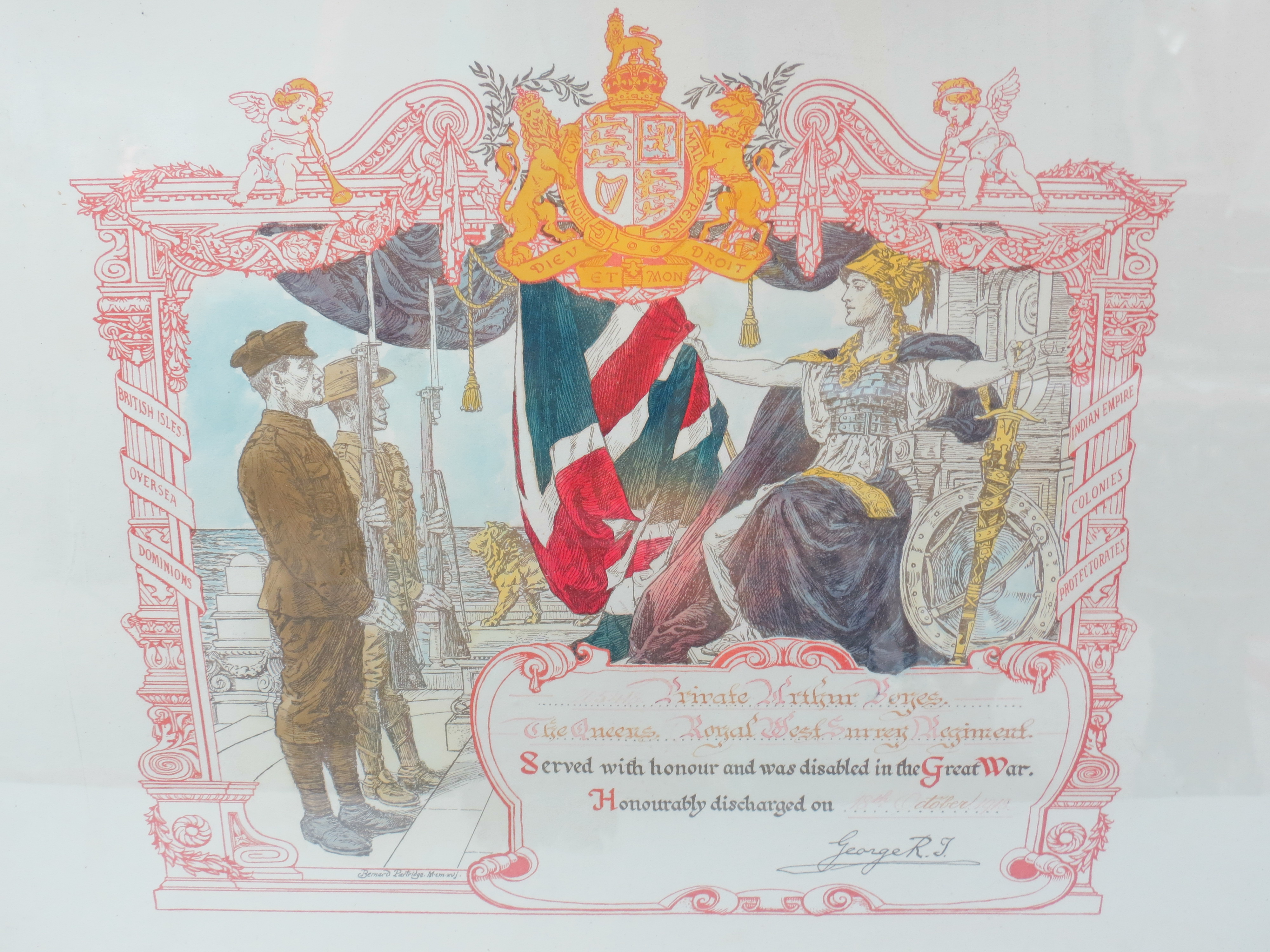 LOT WITHDRAWN. An illuminated 1918 honourable army discharge certificate for Pte Arthur Boyes of the