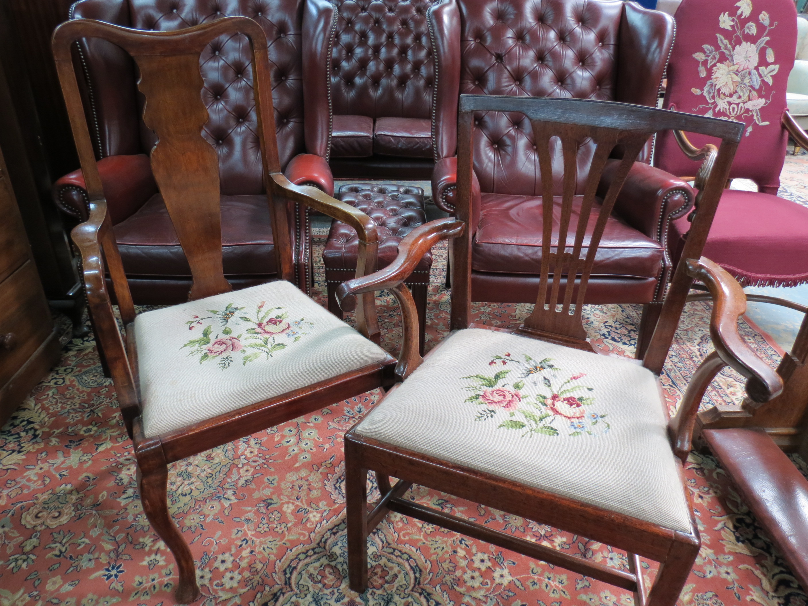 A 19thC mahogany open armchair with pierced splat, needlepoint drop-in seat raised over plain legs