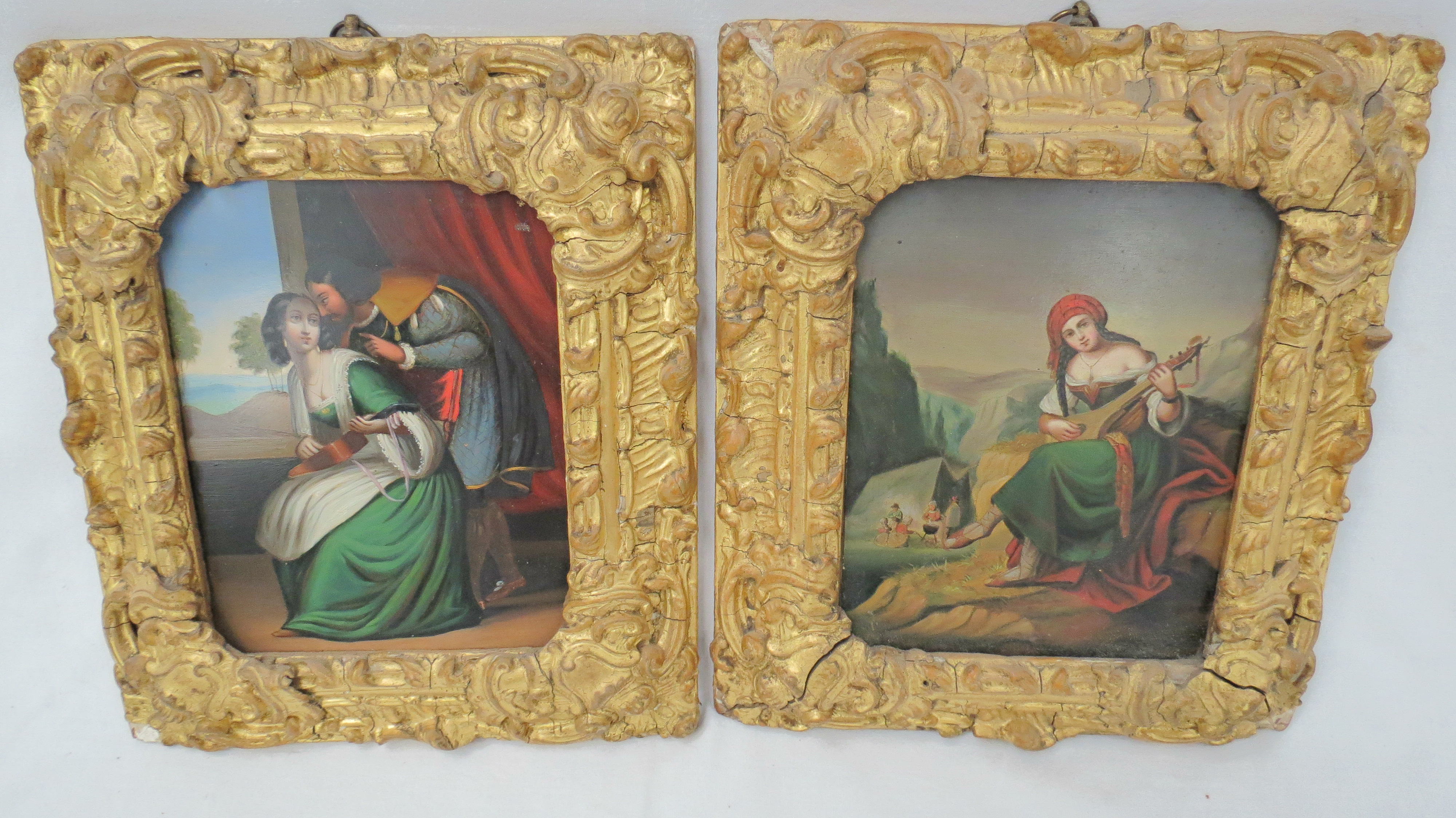 Anon. 'Indecent proposal' and 'Gypsy girl with mandolin', oil on copper in cabinet frames, 16x12.