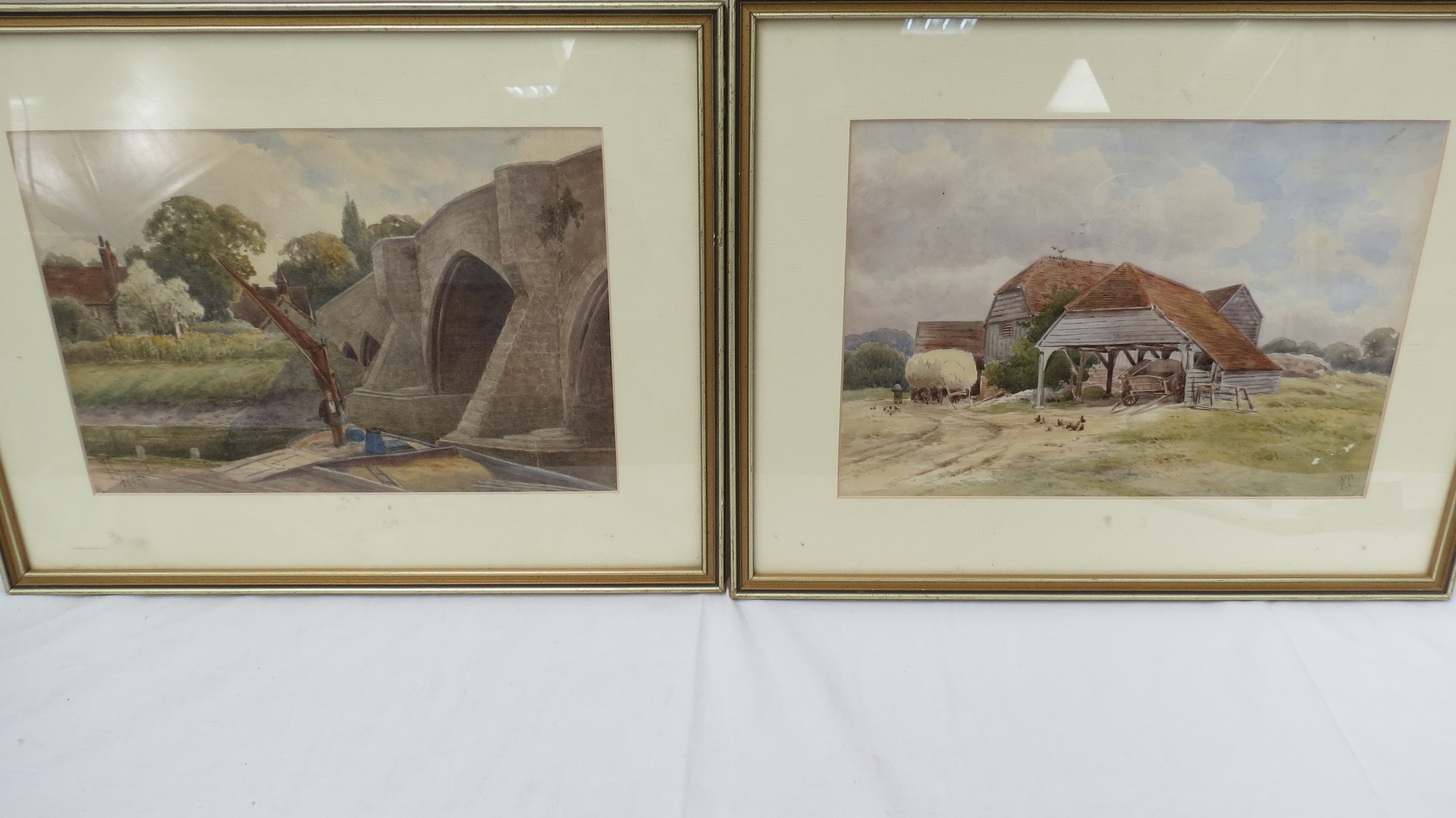 F.C. Barns with hens and load of hay, watercolour, signed initials lower right, also man and boat by