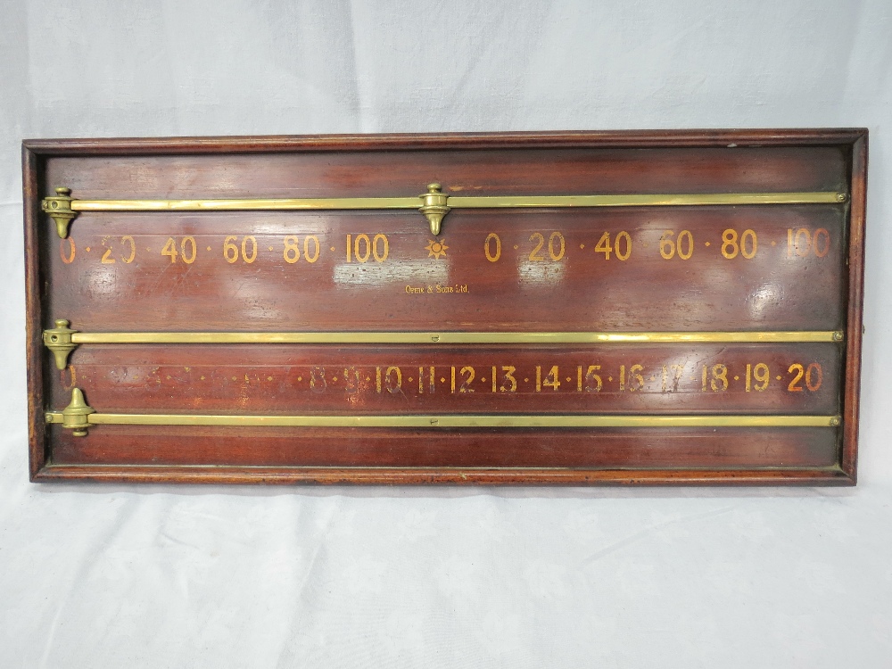 A vintage mahogany and brass billiards score board by Orme & Sons Limited, 31.5" wide.