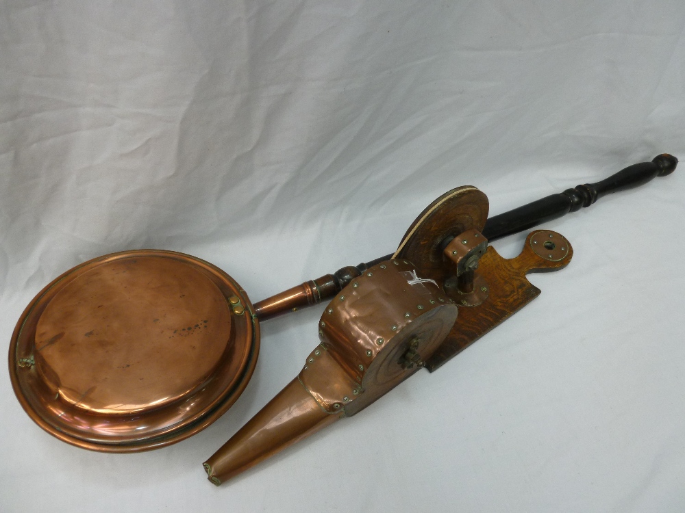 Copper and oak fire bellows with rotary action from wooden wheel (24") also a copper warming pan