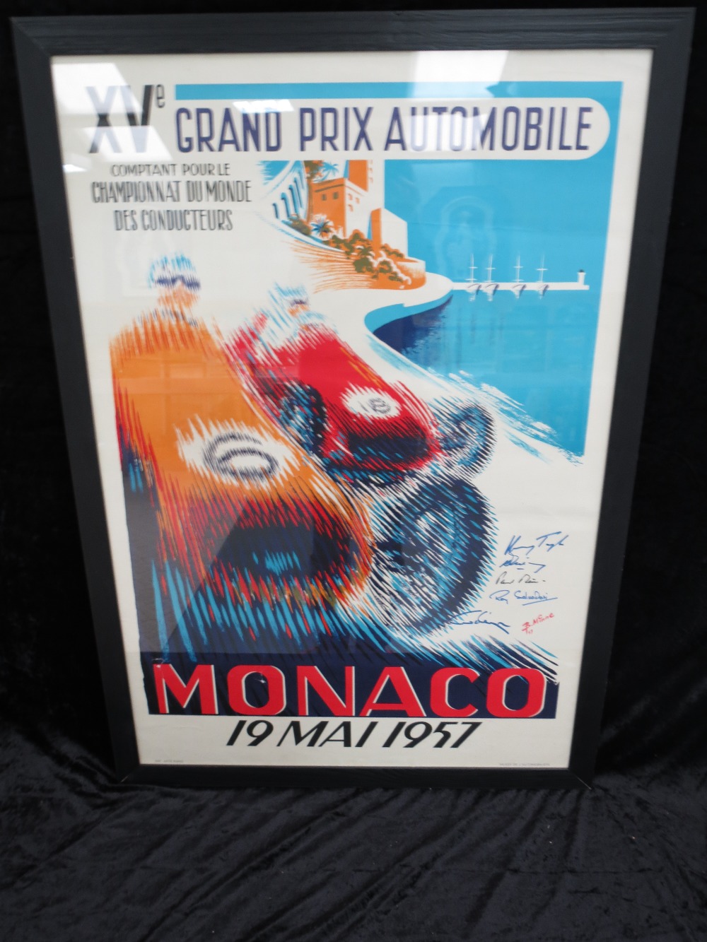 An original Grand Prix poster for Monaco 19th May 1957 containing various original drivers