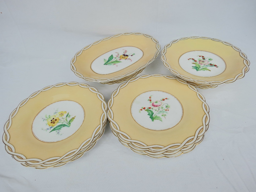 A 19thC English dessert service of two comports and six plates having hand painted decoration and
