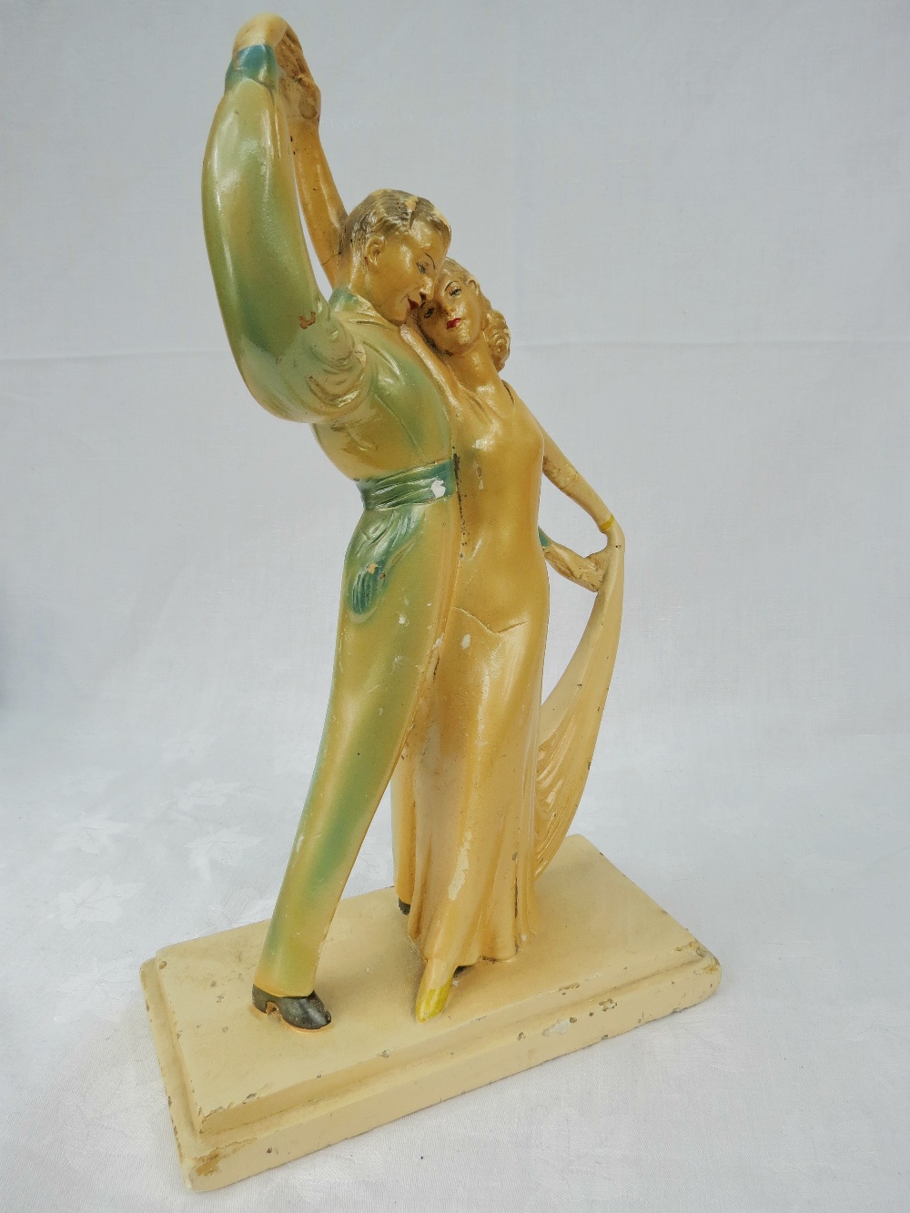 An art deco chalkware figurine group of two dancers by Rooksyn, 13"