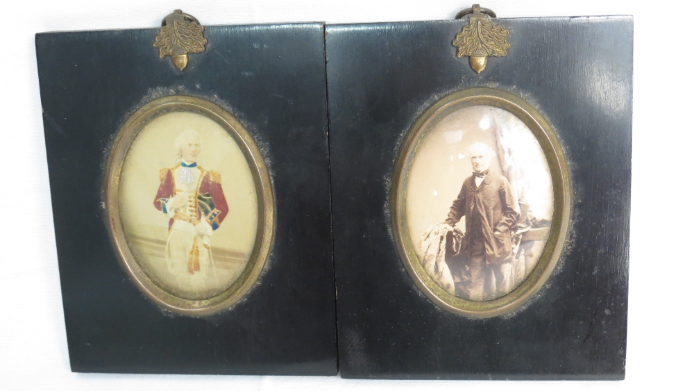 Two 19thC ebonised miniature frames with pressed brass decoration. One featuring a hand annotated